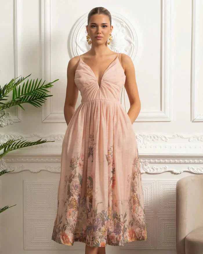 Vestido Midi Estampa de Flores Rosa e Decote V Profundo – Alta Qualidade