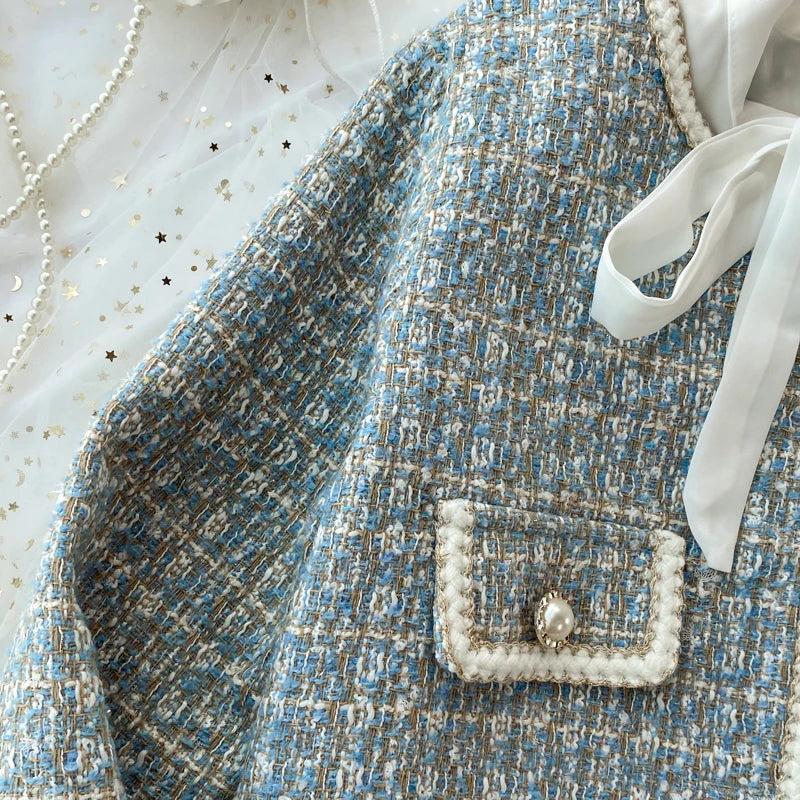 ConjuntoTweed Xadrez – Blazer Manga Longa + Saia A-Line Assimétrica