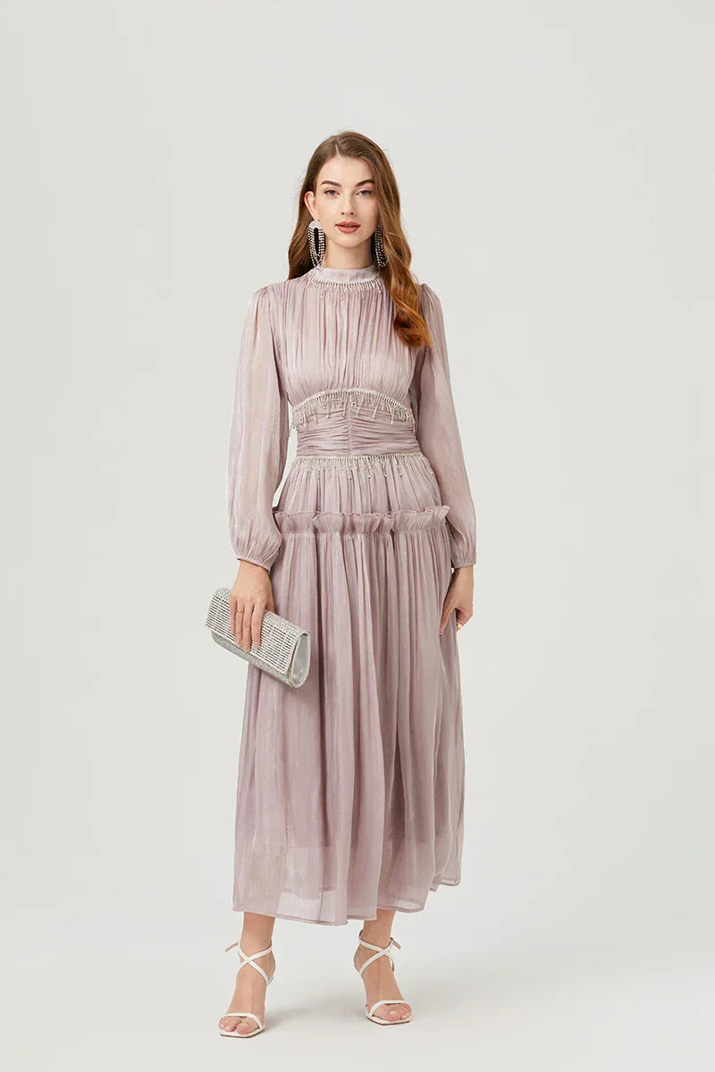 Vestido de Verão SEDA – Luxo Francês, Franjas, Pregas e cristais