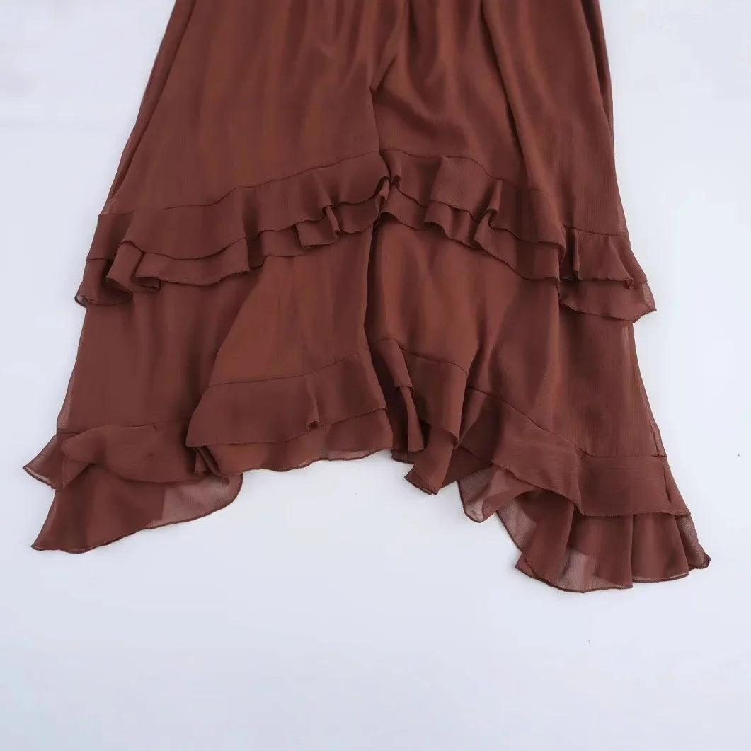 Vestido Elegante com Babados – Manga Longa, Alças Ajustáveis e Bainha Irregular