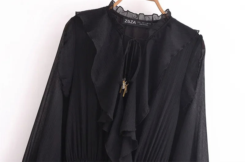 Vestido Elegante com Decote V – Babados, Manga Longa Lanterna e Detalhe em Renda com Laço