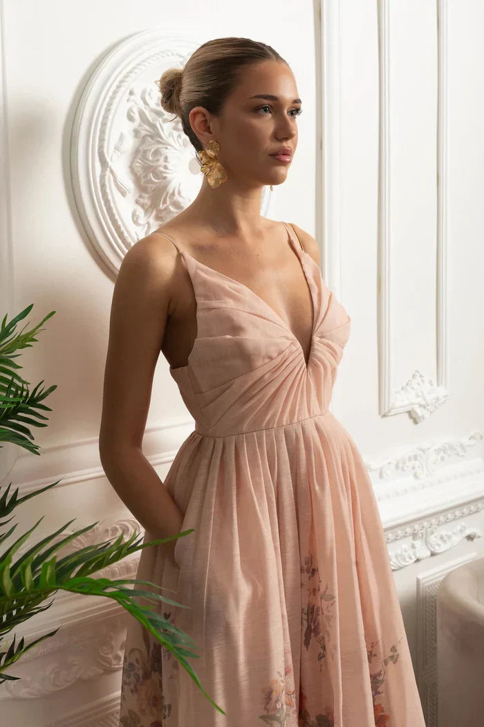 Vestido Midi  Estampa de Flores Rosa e Decote V Profundo – Alta Qualidade