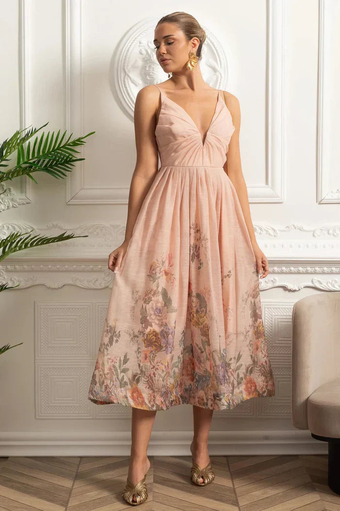 Vestido Midi  Estampa de Flores Rosa e Decote V Profundo – Alta Qualidade