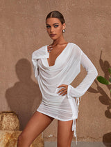 Conjunto Alice Branco em Tule com Decote Drapeado – Elegância Leve para Férias e Momentos Especiais