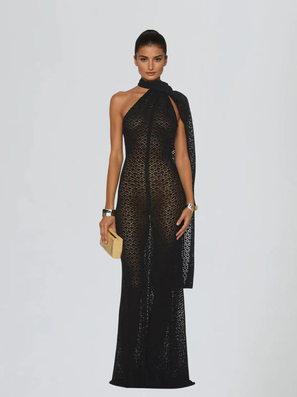 Vestido Longo Calore com Recortes e Echarpe nas Costas