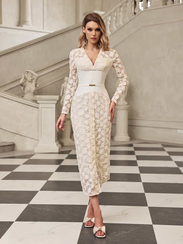 Vestido Midi Gryia Branco com Renda e Decote V – Elegância Atemporal para Todas as Ocasiões