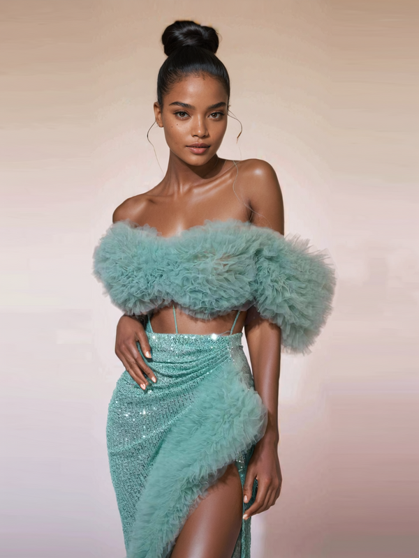 Conjunto Jalynne Verde Menta com Corset e Saia de Paetês – Glamour e Sofisticação em Cada Detalhe