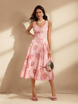 Vestido Midi Nawra Rosa Sem Mangas Bordado com Recortes – Leveza e Sofisticação para Dias Especiais