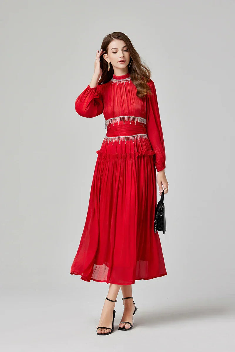 Vestido de Verão SEDA – Luxo Francês, Franjas, Pregas e cristais