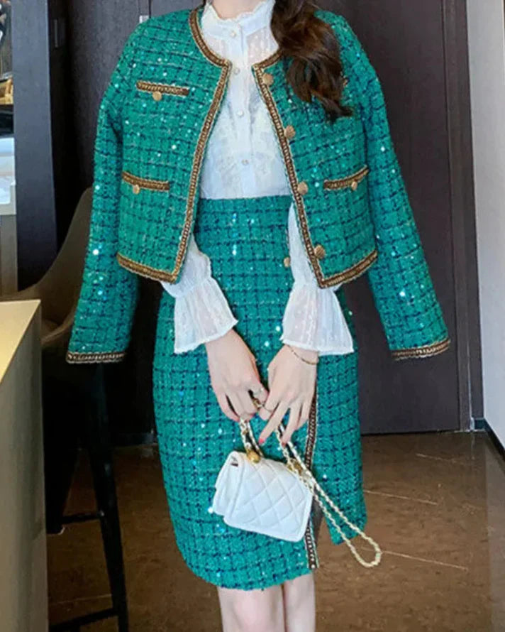 Conjunto Tweed com Saia e Blazer – Elegância e Sofisticação