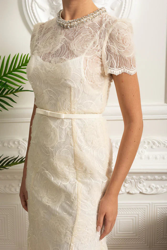 Vestido Longo – Luxo, Bordado em Renda, Detalhes com Diamantes e Cristais, Manga Curta Transparente, Modelo Midi